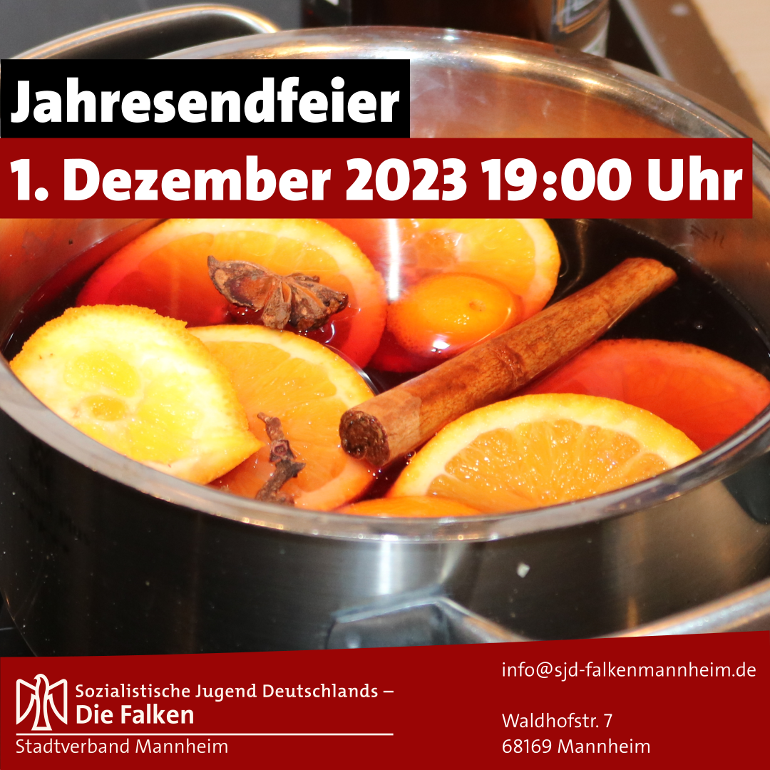 Sharepic Jahresendfeier der Falken Mannheim am 1. Dezember 2023 um 19:00 Uhr in der Waldhofstr. 7. Im Hintergrund ein Glühweintopf