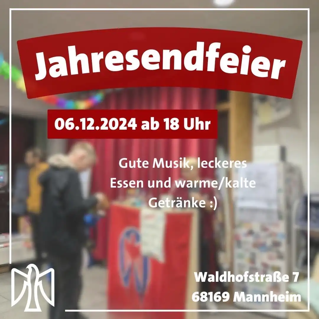 Jahresendfeier 6.12.24 ab 18 Uhr Gute Musik, leckeres Essen und warme / kalte Getränke :) in der Waldhhofstraße 7. Im Hintergrund ein verschwommenes Bild vom Falkenraum mit Bar und Falkenfahne vor Regal und Kühlschrank