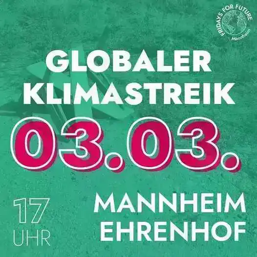 Sharepic von Fridays for Future Mannheim: Globaler Klimastreik am 3. März um 17 Uhr im Ehrenhof in Mannheim. Im Hintergrund ein Grün eingefärbtes  Bild eines Gelben Kreuzes am Wegesrand neben einer Wiese.