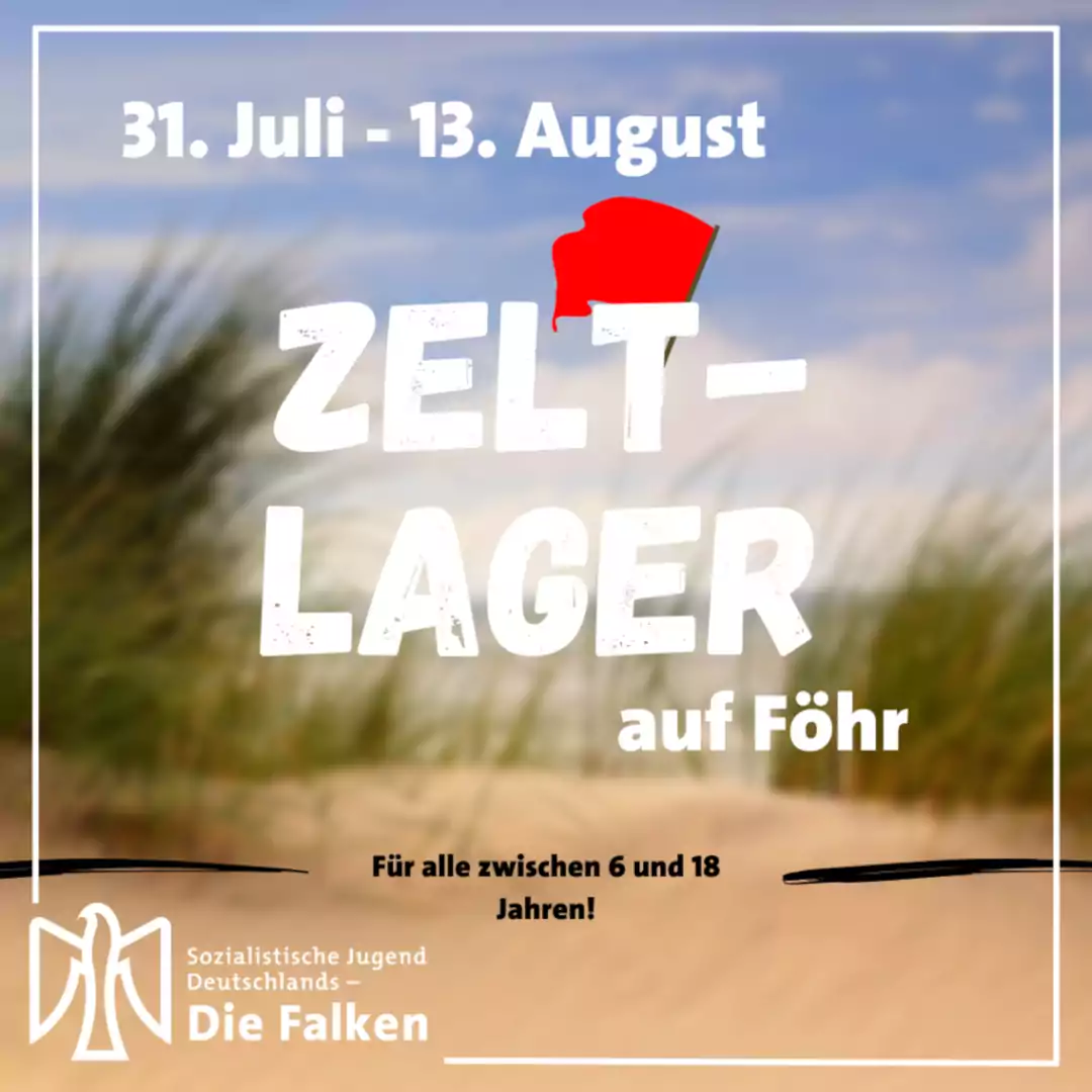 Sharepic Zeltlager der Falken Baden-Württemberg und Rheinland-Pfalz auf Föhr vom 31. Juli bis 13. August für alle von 6 bis 18 Jahren